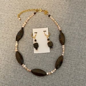 Bronzite & Freshwater Pearl Necklace & Earrings
